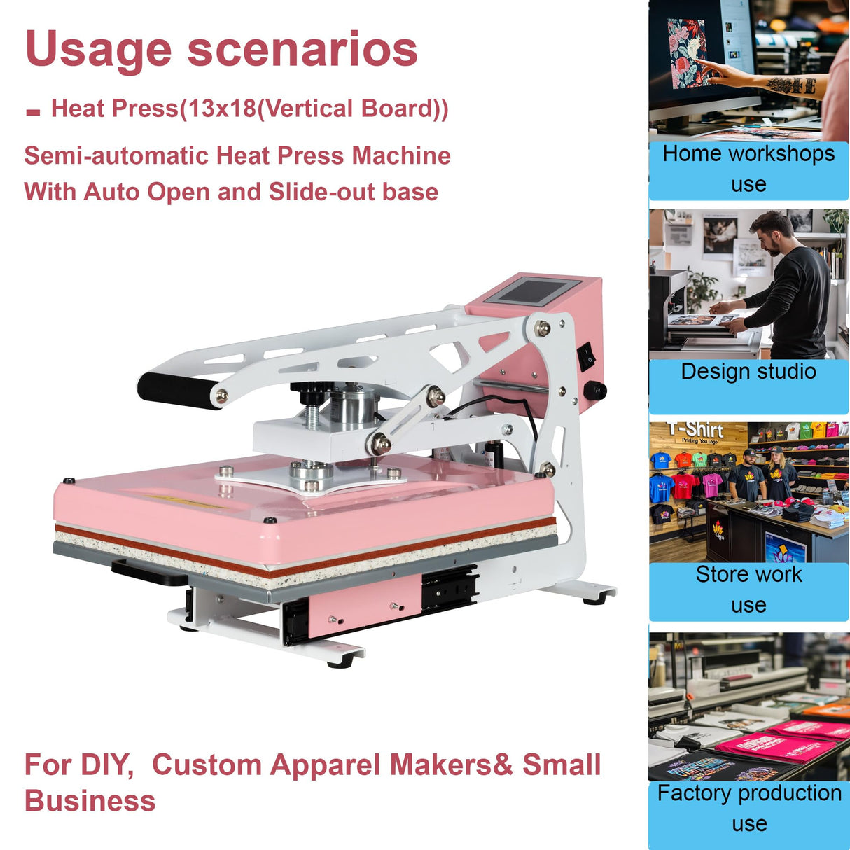 16x24 Semi-Automatic Heat Press Machine with Auto Open and Slide-Out Base (Pink+White, 13'' x 18'' (33 x 45cm)) ZJBFXY88