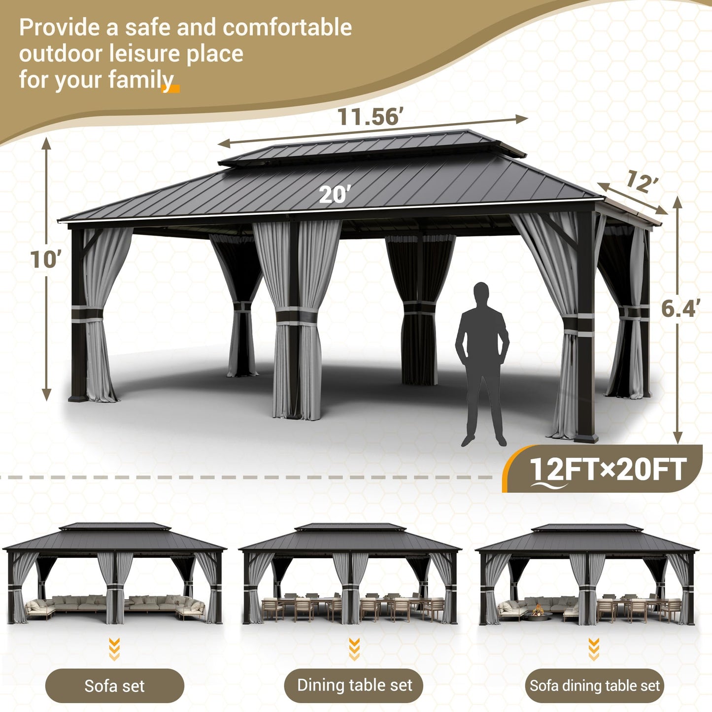 UDPATIO 12' x 20' Hardtop Gazebo, Galvanized Steel Double Roof Permanent Aluminum Gazebo, Outdoor Metal Pergolas with Mosquito Netting and Curtains for Garden, Parties, Patio, Deck, Lawns, Gr - WoodArtSupply