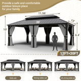 UDPATIO 12' x 20' Hardtop Gazebo, Galvanized Steel Double Roof Permanent Aluminum Gazebo, Outdoor Metal Pergolas with Mosquito Netting and Curtains for Garden, Parties, Patio, Deck, Lawns, Grey UDPATIO