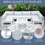 RADIATA 9 Pieces Aluminum Patio Furniture Set with Fire Pit Table, Morden Outdoor Sectional Sofa, Large Conversation Seat with Thick Cushion for Garden Backyard Deck Porch (White) RADIATA