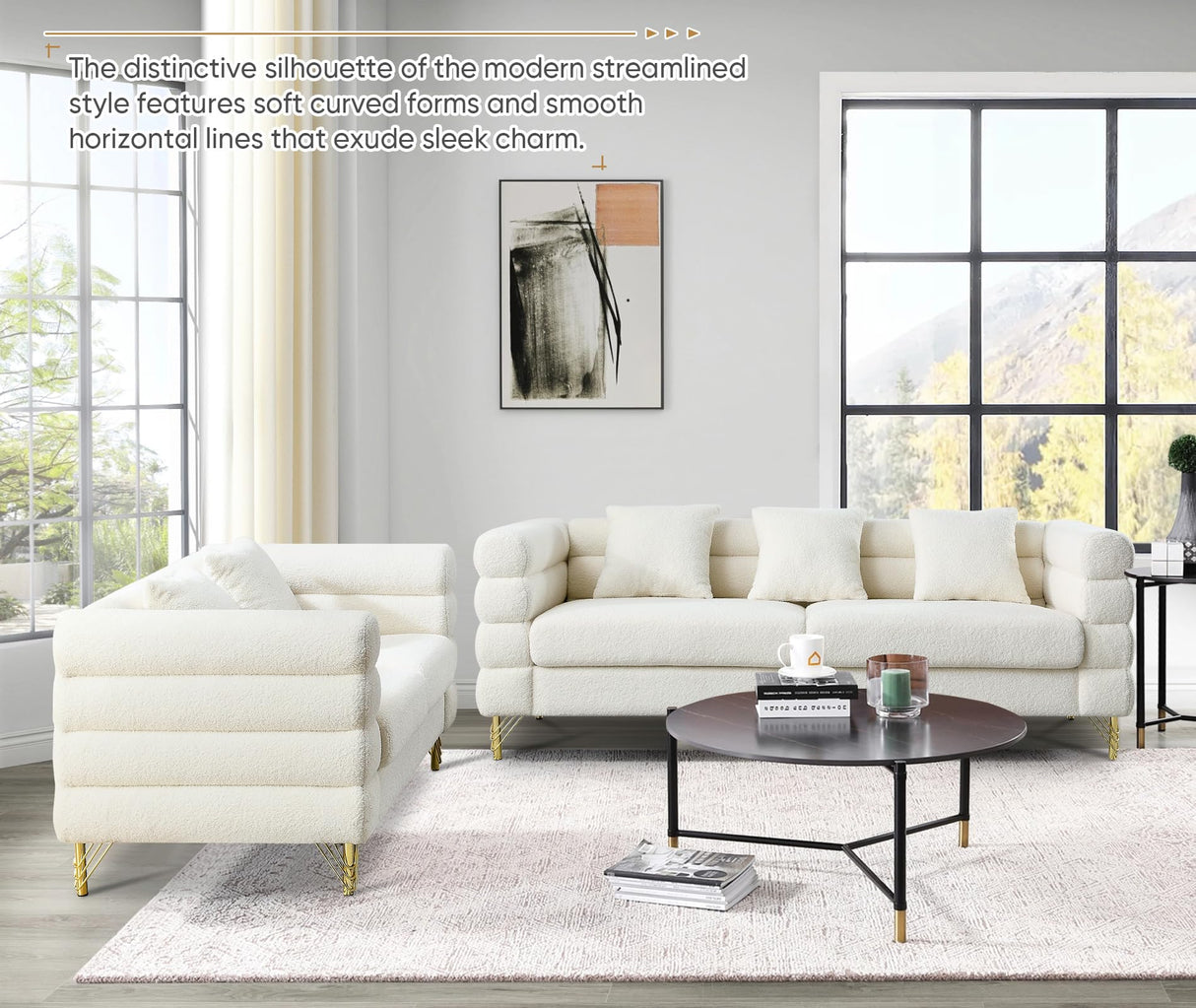 Comfy 3 Seater Sofa, 81-inch Oversized Boucle Couch with Deep Seat Design, Upholstered Sofa Couch with 2 Pillows, Modern Living Room Sofa with Stylish Metal Legs for Office, Waiting Room, White Teddy KINFFICT