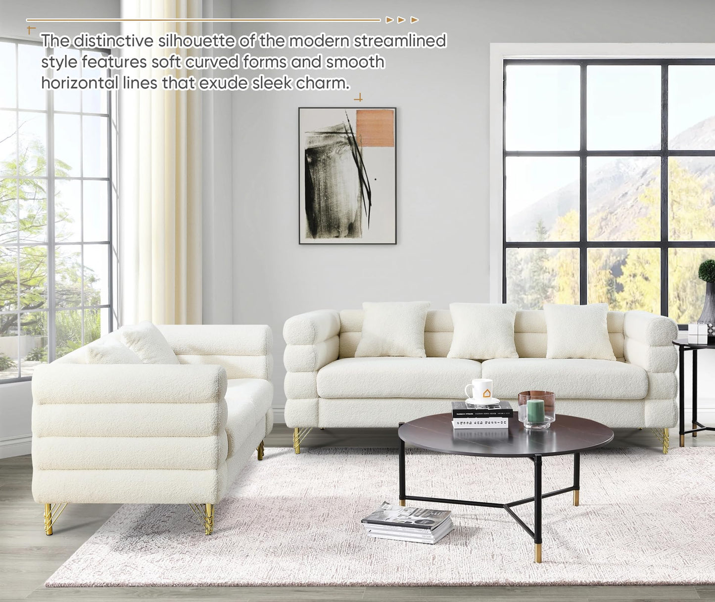 Comfy 3 Seater Sofa, 81-inch Oversized Boucle Couch with Deep Seat Design, Upholstered Sofa Couch with 2 Pillows, Modern Living Room Sofa with Stylish Metal Legs for Office, Waiting Room, White Teddy