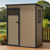 DWVO 5x3FT Outdoor Storage Shed, All-Weather Resin Plastic Storage Shed with Windows, Slanted Roof, Raised Floor, 65 cu.ft Capacity for Garden Tools & Equipment, Ideal for Backyard & Garden, Brown DWVO