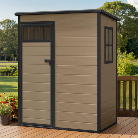 DWVO 5x3FT Outdoor Storage Shed, All-Weather Resin Plastic Storage Shed with Windows, Slanted Roof, Raised Floor, 65 cu.ft Capacity for Garden Tools & Equipment, Ideal for Backyard & Garden, Brown DWVO