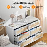 VINGLI Rattan Dresser, 6 Drawer Dresser for Bedroom, Modern Dresser with Gold Handles, Long Dresser with Large Drawers, Boho Dresser TV Stand, Wood Chest of Drawers for Kids Room, Living Room (White) VINGLI