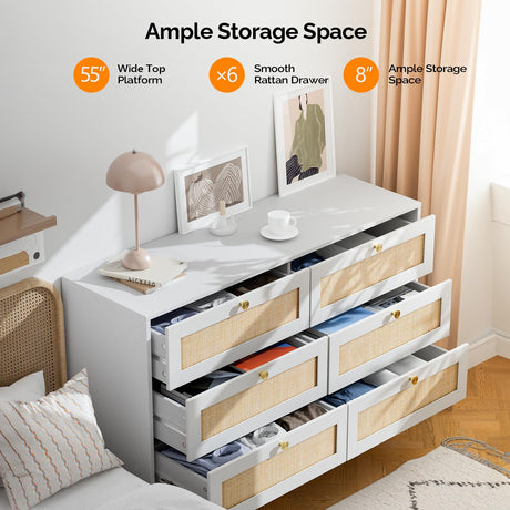 VINGLI Rattan Dresser, 6 Drawer Dresser for Bedroom, Modern Dresser with Gold Handles, Long Dresser with Large Drawers, Boho Dresser TV Stand, Wood Chest of Drawers for Kids Room, Living Room (White) VINGLI