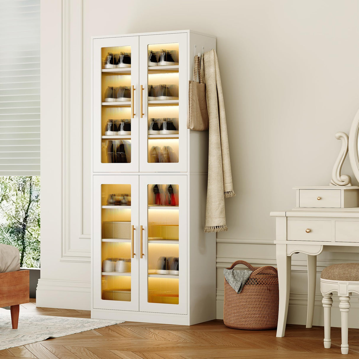 LITTLE TREE Stylish 8-Tier Vertical Shoe Rack with Built-in LED Lighting, Doors for Dust Protection, and Convenient External Hooks, Shoe Cabinet for Entryway, Living Room, Bedroom, White LITTLE TREE