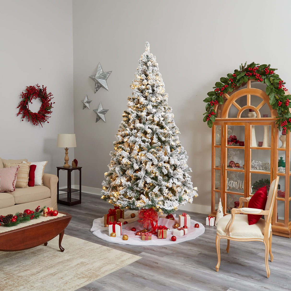Nearly Natural 10ft. Flocked West Virginia Fir Artificial Christmas Tree with 800 Clear LED Lights and 1680 Tips Nearly Natural
