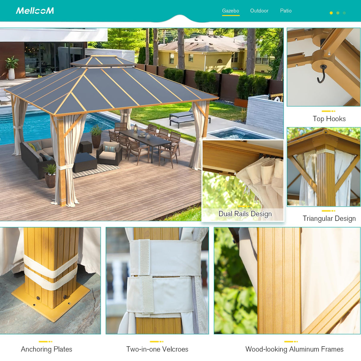 MELLCOM 12x14FT Hardtop Gazebo,Wooden Finish Coated Aluminum Patio Gazebo with Aluminum Composite Double Roof for Patio Lawn and Garden, Curtains and Netting Included MELLCOM