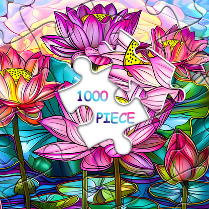 Stained Glass Puzzles for Adults 1000 Pieces, Lotus Flower Puzzle Art, Impossible Hard Challenging Puzzles for Adults, Colorful Floral Stained Glass Jigsaw Puzzle Waterlily