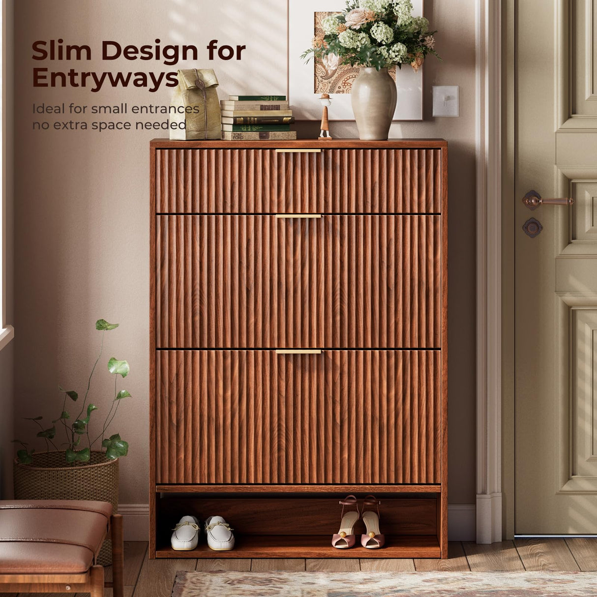 Evermagin 31.5''W Walnut Shoe Cabinet Storage with Drawer for Entryway, Fluted Slim Shoe Dresser with 2 Flip Drawers, Narrow Shoe Rack Cabinet, Hidden Shoe Organizer Cabinet for Entrance, Hallway Evermagin