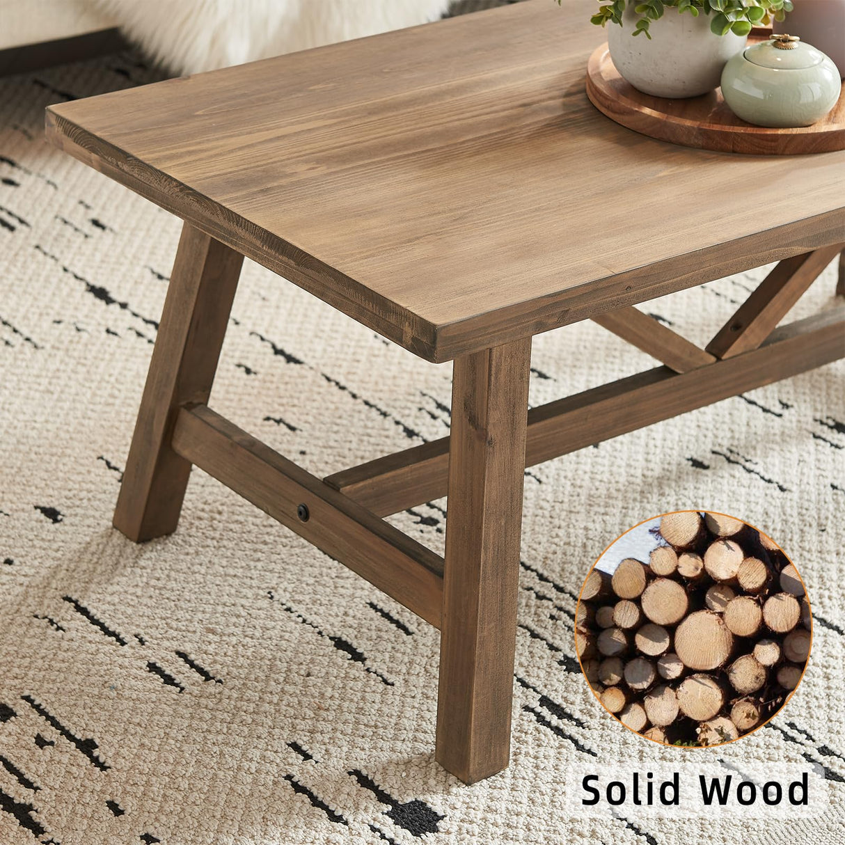 Wnutrees Farmhouse 43" Coffee Table,Solid Wood Center Tables for Living Room and Office, Rustic Wooden Rectangular Table with V-Shaped Support, Natural Wnutrees