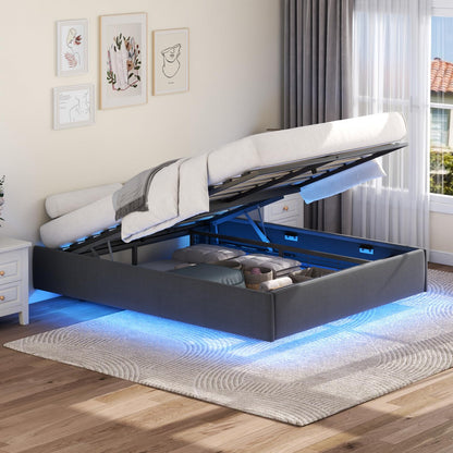 Queen Floating Lift Up Bed Frame with LED Lights & Hydraulic Storage - Modern Metal Platform Design - WoodArtSupply