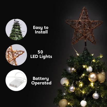 Joiedomi 10 Inch Christmas Tree Toppers, 50 LED Rustic Rattan Star Tree Topper Lighted with Lights for Xmas Tree Decorations, Holiday Party Indoor Decor