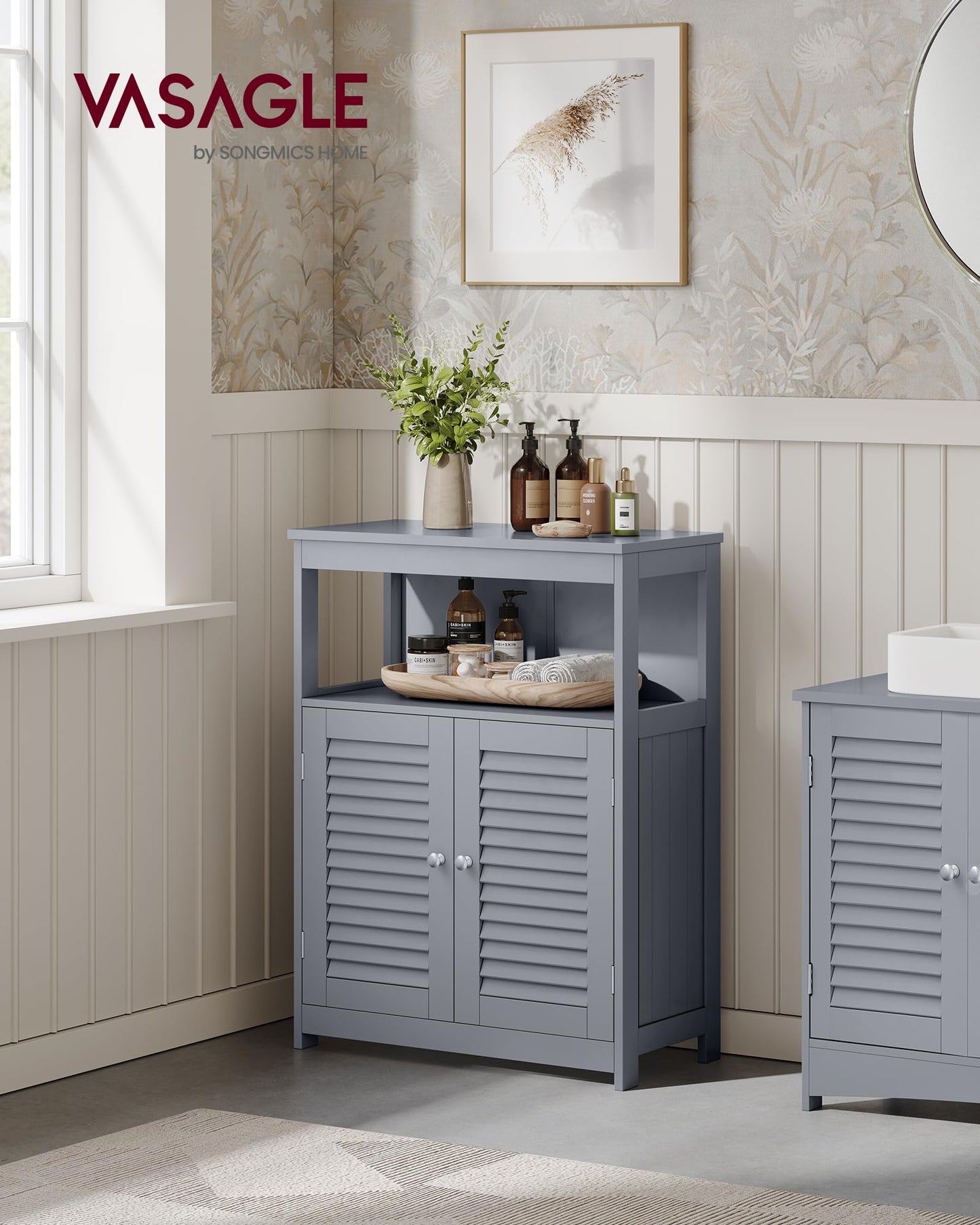 VASAGLE Bathroom Floor Cabinet, Bathroom Storage Cabinet, Freestanding, with Double Shutter Doors and Adjustable Shelf, for Bathroom, Living Room, Entryway, Kitchen, Dove Gray UBBC040G02