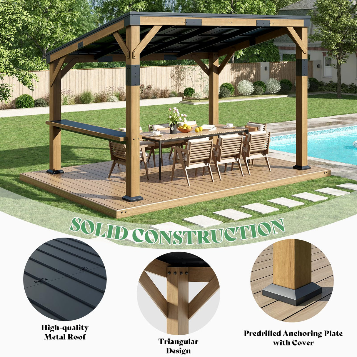 AMERLIFE 10x14 FT Hardtop Wood Grill Gazebo with Permanent Galvanized Steel Lean to Canopy & Built-in Bar Shelf – Outdoor BBQ Gazebo Pergola for Deck, Backyard, Garden AMERLIFE