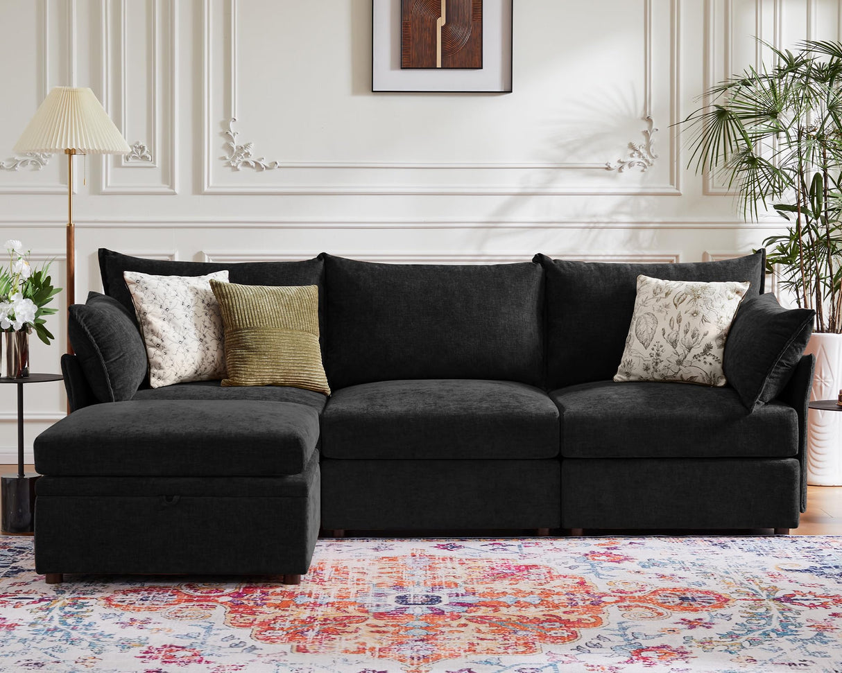 ABCASA 99" Modular Sofa Couch, Comfy 3-Seater Chenille Fabric Couch for Living Room, Office, Apart W/Deep Seat, High Backrest, Upholstered Couch W/Removable Cover, Black ABCASA