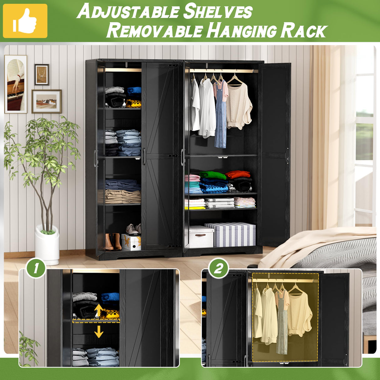 SPERTIKC Wardrobe Closet with Doors, 72" Armoire Wardrobe Cabinet, Black Bedroom Storage Cabinet with Hanging Rod for Kitchen, Pantry SPERTIKC