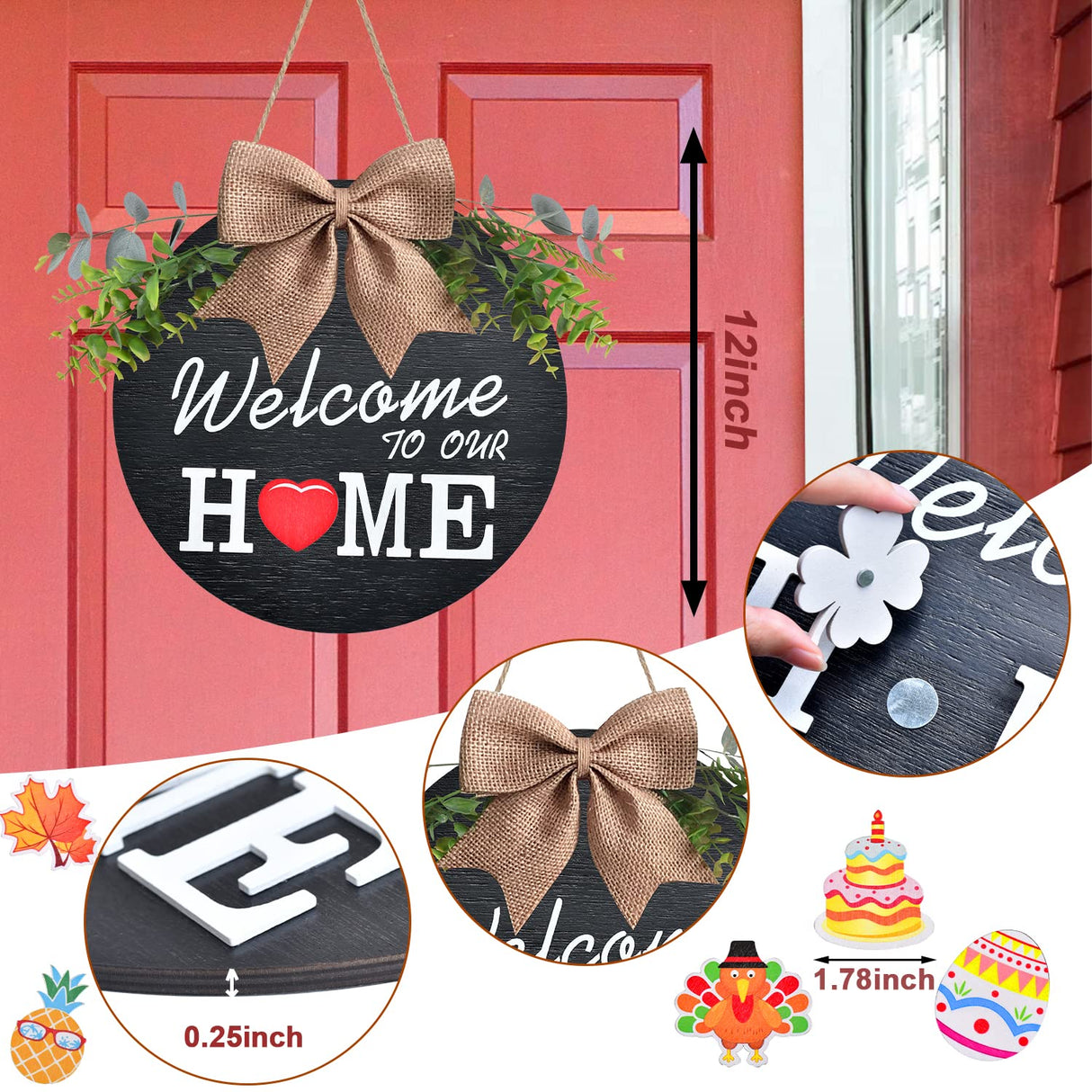 Interchangeable Welcome Home Sign, Seasonal Front Porch Door Decor With 21 Changeable Seasonal Icons for Halloween/Christmas/Independence Day, Rustic Wood Wreaths for Housewarming Gift (12") (Black) KIDNEAR