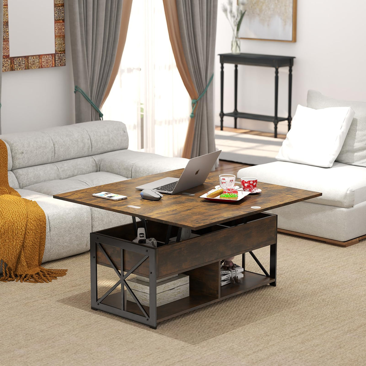 Manora Multi‑Functional Lift‑Top Coffee Table Convertible to Dining Table or Workstation for Living Room,Home Office, Compact Design with Hidden Storage, Brown Manora