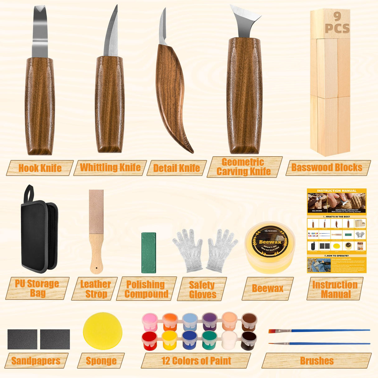 Wood Carving Kit, 36Pcs Wood Carving Tools with Paint and Beewax, Wood Whittling Kit with 4Pcs Whittling Knives & Storage Bag for Beginners and Enthusiasts K KERNOWO