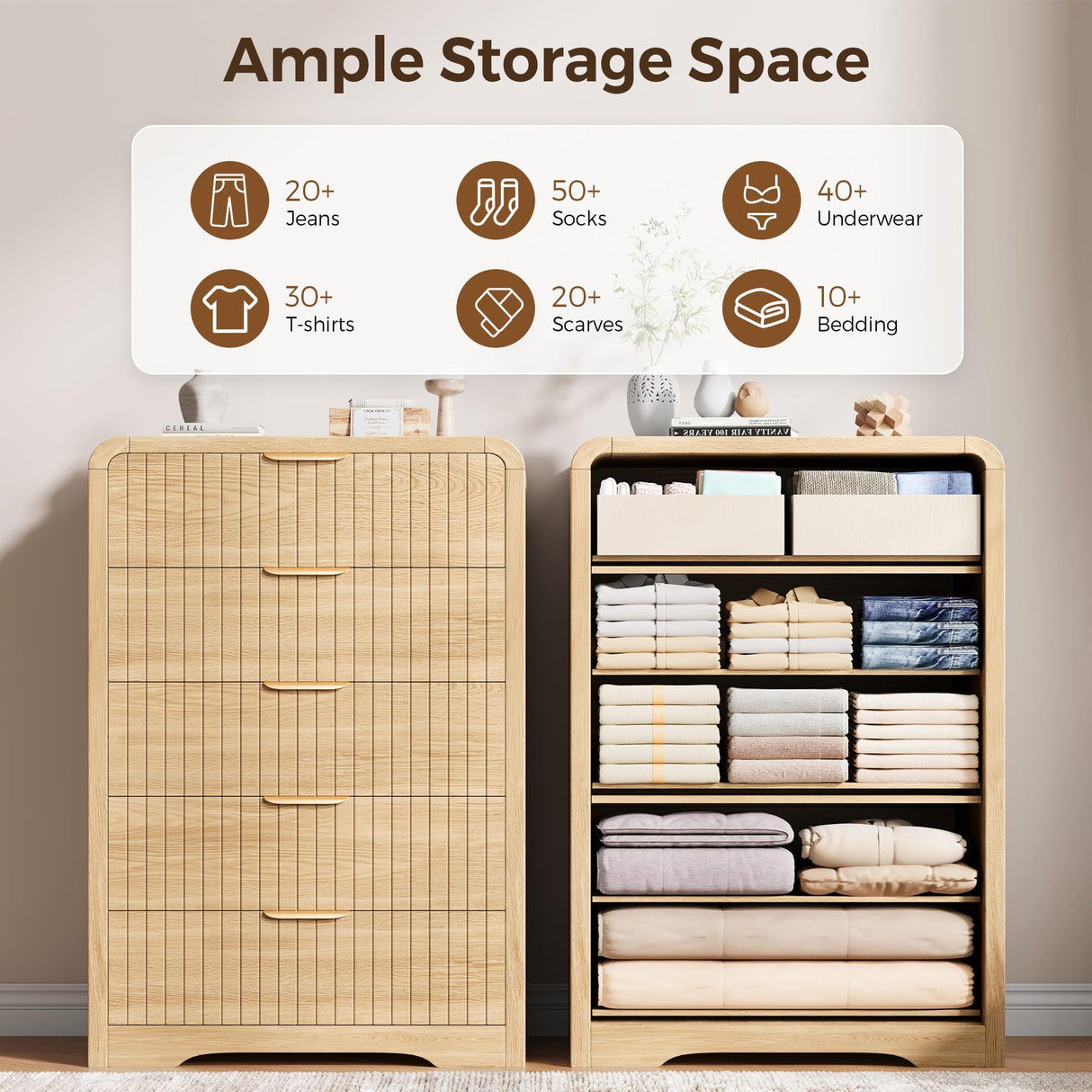 Jocoevol Fluted 5 Drawer Dresser, 43" Tall Dressers & Chests of Drawers Curved Profile Design, Wood Mid Century Vertical Dresser Natural Texture for Bedroom, Natural Oak Dresser Jocoevol