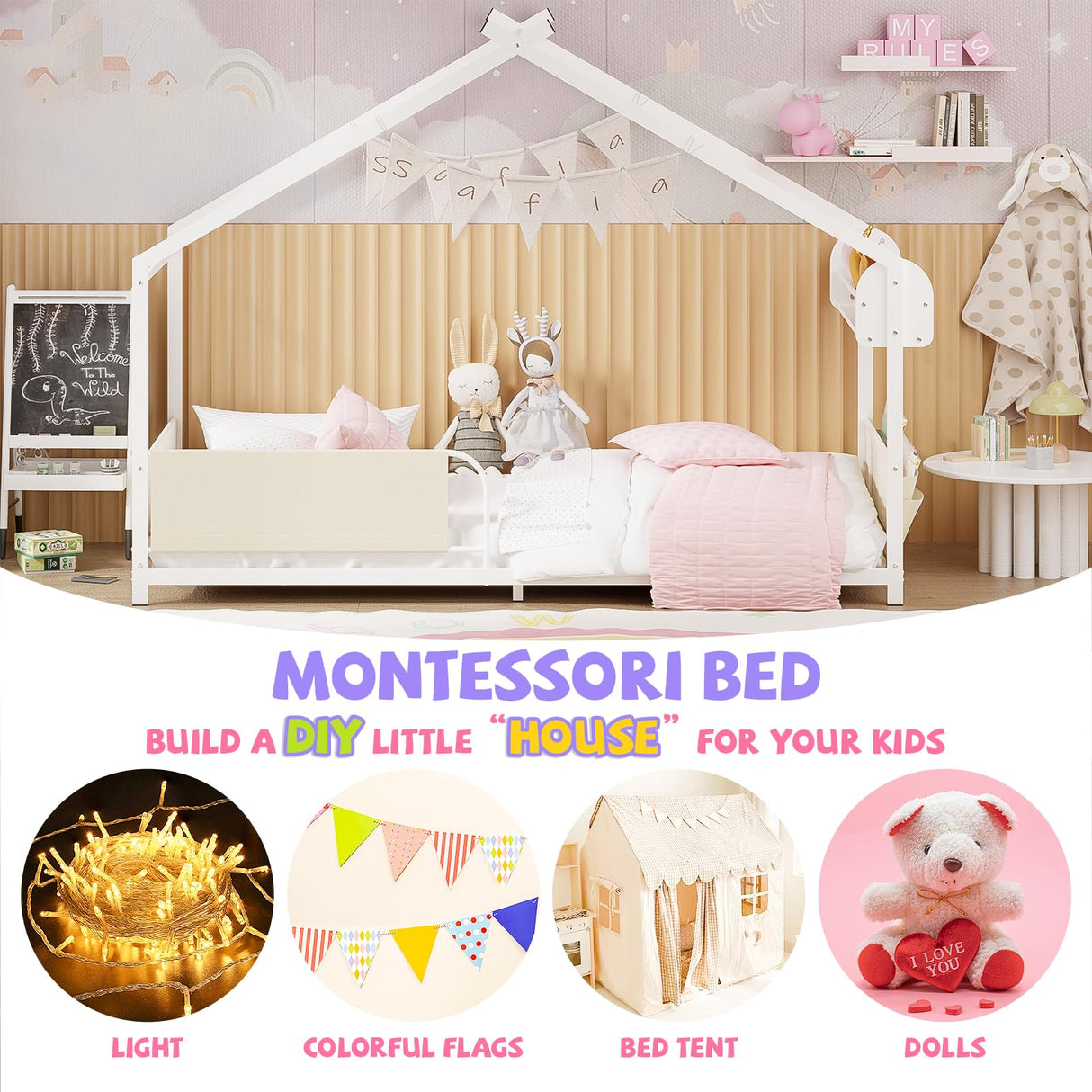 Timy House Bed Twin Size Montessori House Bed Metal Floor Bed with Storage Rack and Caddy Twin Bed Frame for Kids No Box Spring Needed White Timy