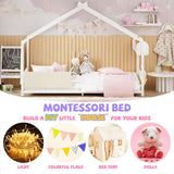 Timy House Bed Twin Size Montessori House Bed Metal Floor Bed with Storage Rack and Caddy Twin Bed Frame for Kids No Box Spring Needed White Timy