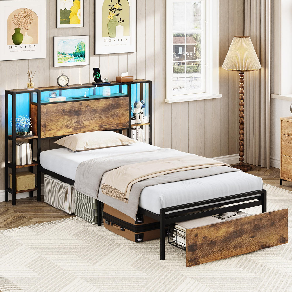 Maupvit Twin Bed Frame with 3-Tier Storage Shelves, Storage Drawer and Headboard, Twin Size Bed with Charging Station & LED Lights, Metal Platform Bed with Storage, No Box Spring Needed, Brown Maupvit