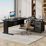 LITTLE TREE Large Computer Desk with File Cabinet, 63 Inch Executive Desk L Shaped Office Desk with Drawers and Storage Shelves, Business Furniture Desk Workstation for Home Office LITTLE TREE
