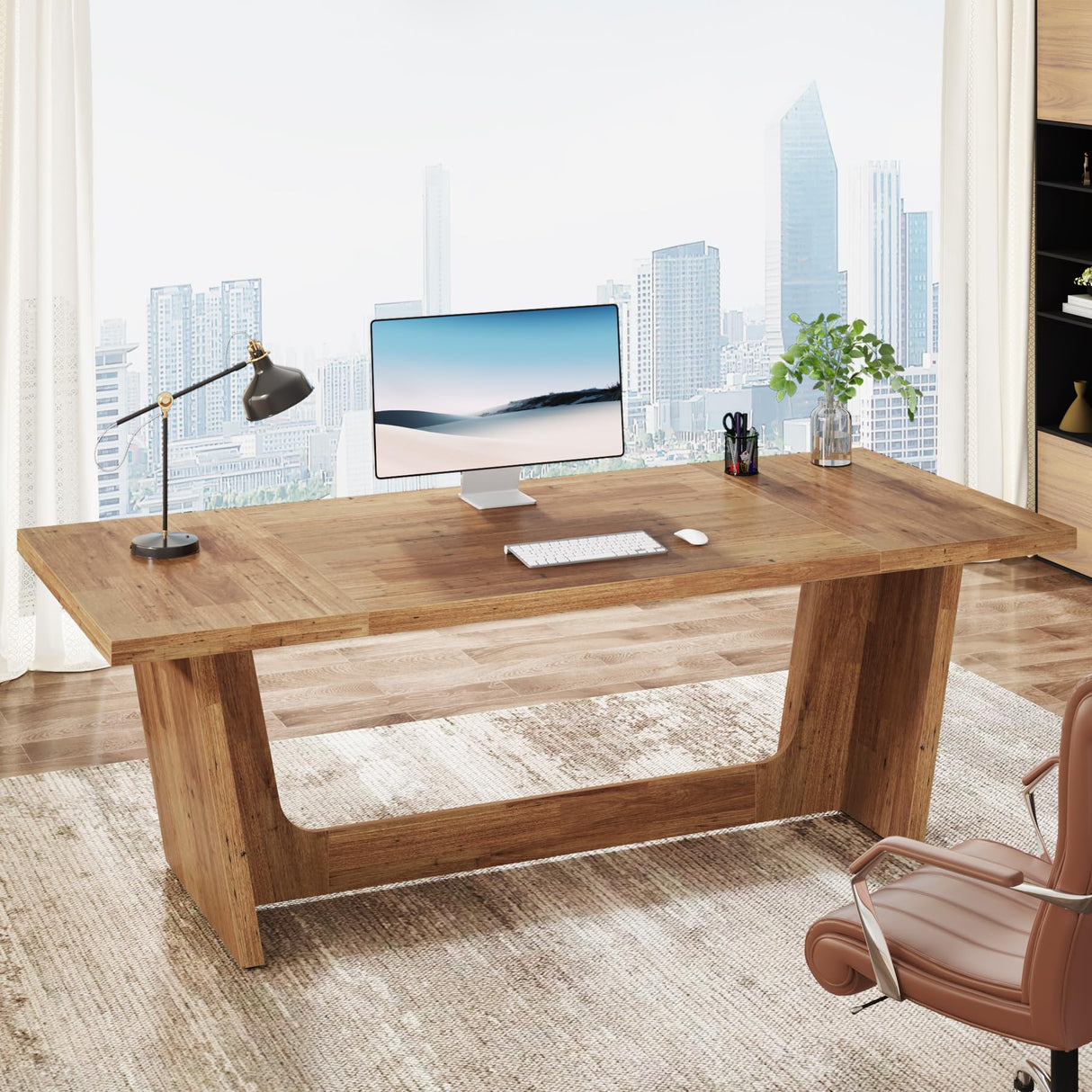 Tribesigns 70.87-Inch Executive Computer Desk: Large Home Office Desk with Solid Wooden Pedestal, Industrial Wood Study Writing Table, Workstation Business Furniture, Walnut Tribesigns