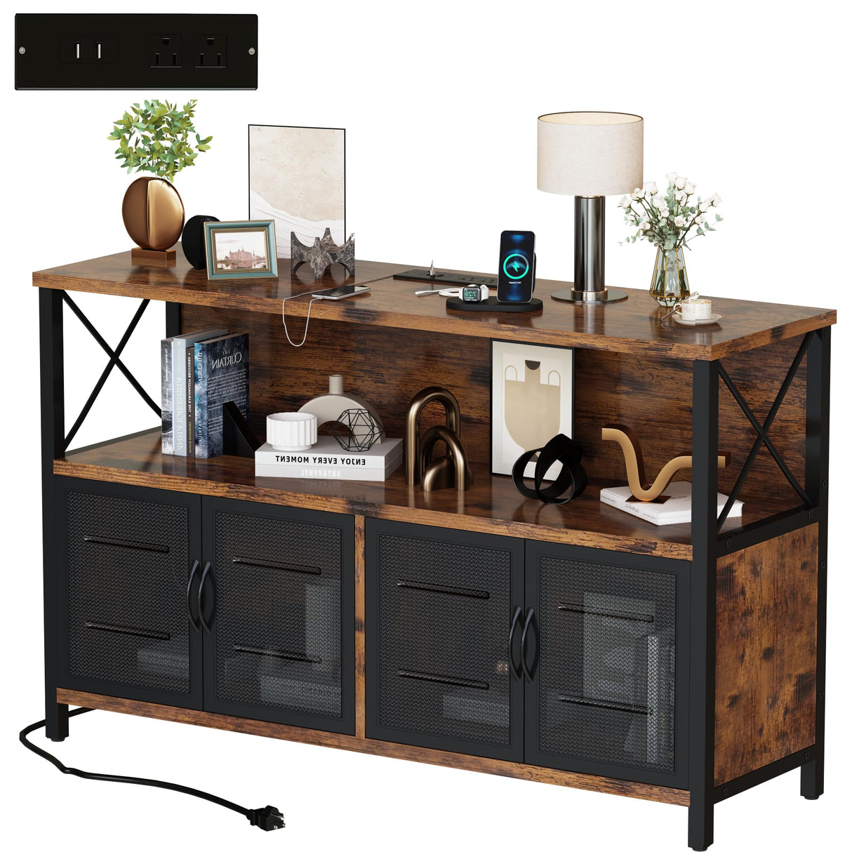 AWQM Retro Sideboard Buffet Cabinet with Power Outlet & USB Port, Industrial Wood Farmhouse Coffee Bar Cabinet with Storage, Console Table for Kitchen, Dining Room, Living Room, Hallway, or Entrance AWQM
