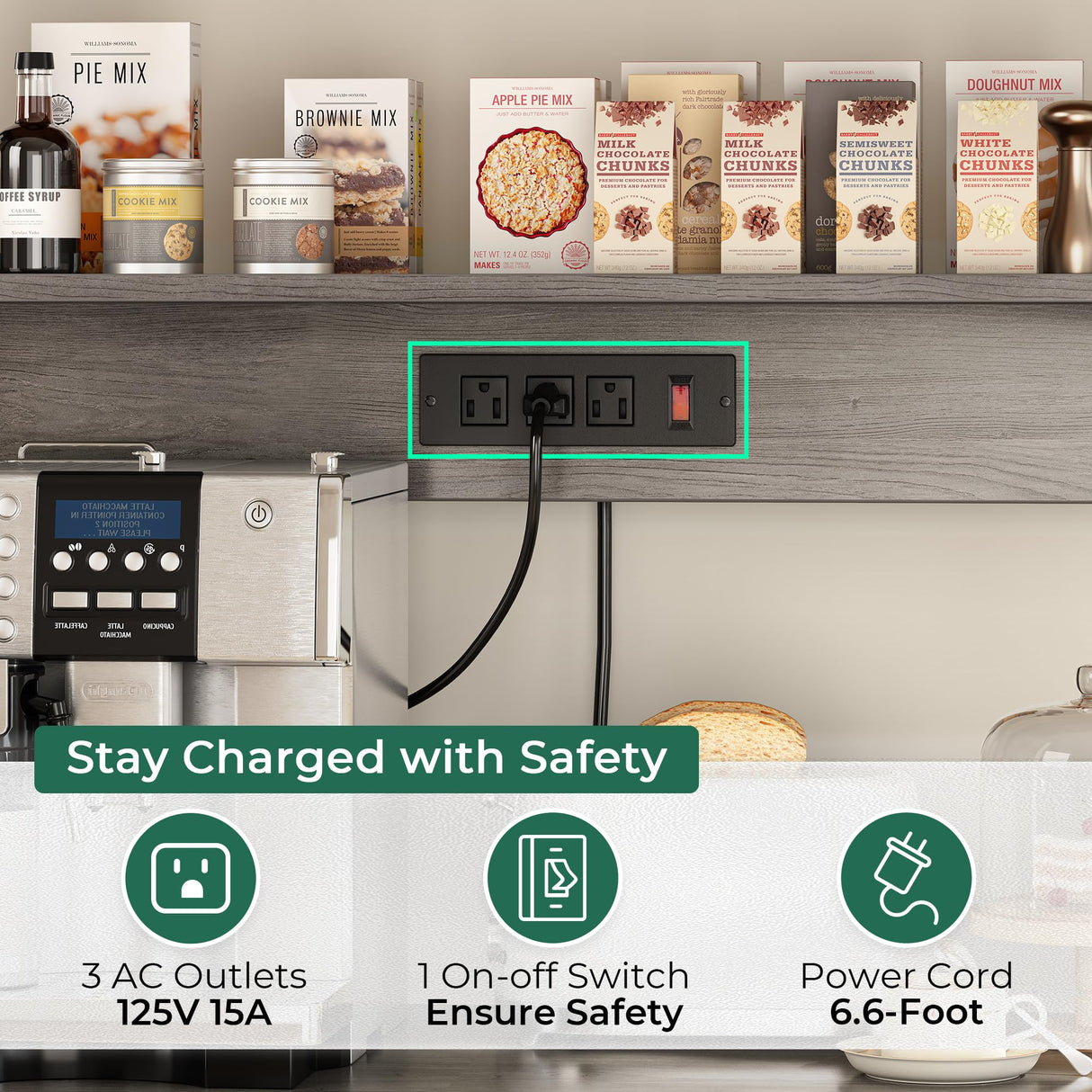 SUPERJARE Bakers Rack with Power Outlet, 35.4 Inches Coffee Bar with Wire Basket, Kitchen Microwave Stand with 6 S-Shaped Hooks, Open Storage Shelves, Charcoal Gray SUPERJARE