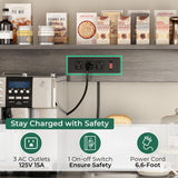 SUPERJARE Bakers Rack with Power Outlet, 35.4 Inches Coffee Bar with Wire Basket, Kitchen Microwave Stand with 6 S-Shaped Hooks, Open Storage Shelves, Charcoal Gray SUPERJARE