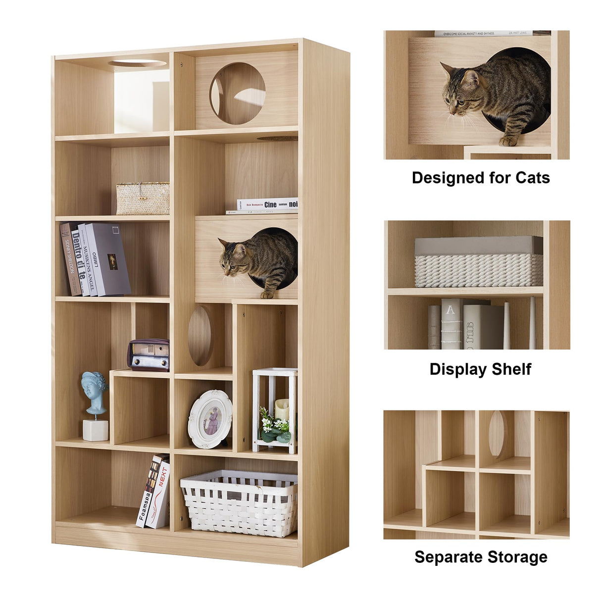EMOBACO Bookcase Wooden Cat Tree, Natural Bookshelf Indoor Cat House Pet Furniture, Display Case with Storage, Cat Litter Box Enclosure Climbing Shelf EMOBACO