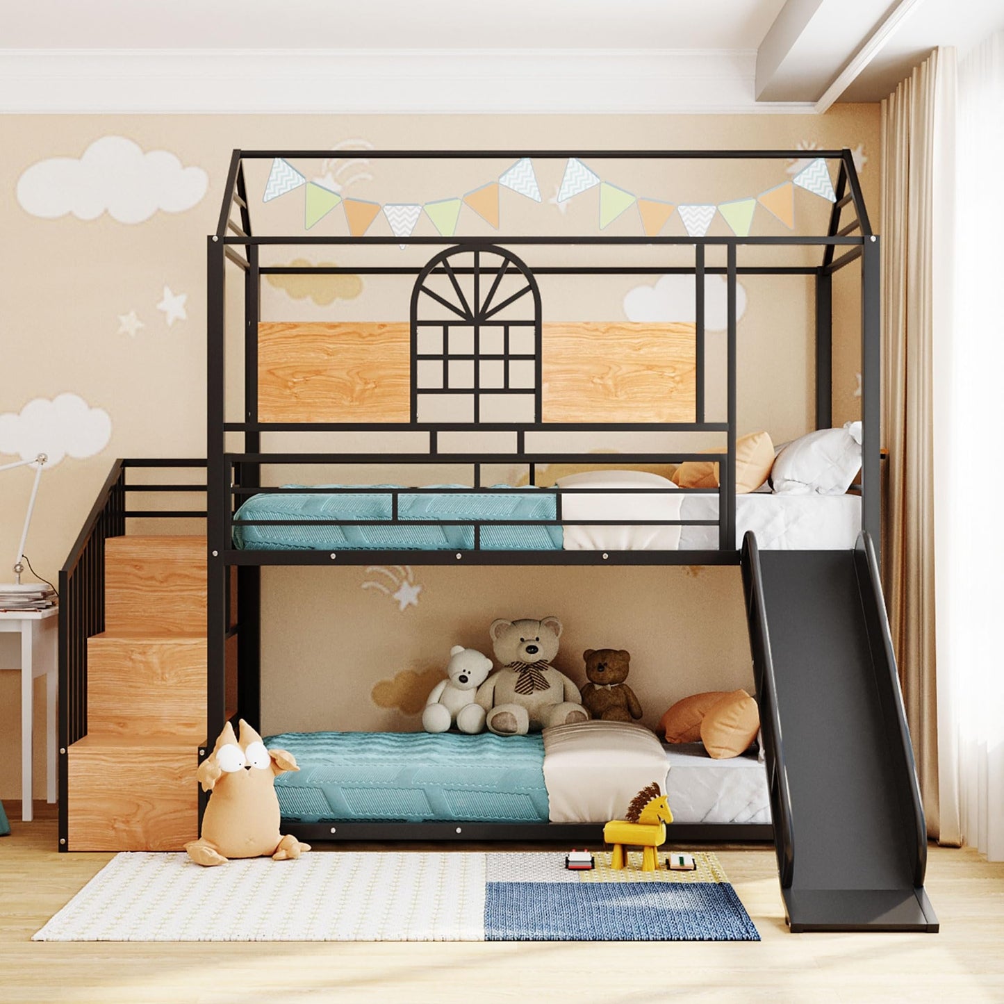 Merax Twin Over Twin Metal Bunk Bed, Metal House Bed with Slide and Storage Stair, Black Bed Frame with Black Slide