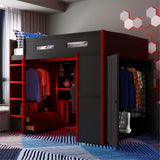 Bekeknlny Gaming Bed with Desk,Wardrobe,Ample Storage Space,and RGB LED Light, Full Size Wood Loft Bed for Kids Bedroom (Red/K) Bekeknlny