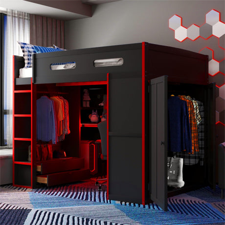 Bekeknlny Gaming Bed with Desk,Wardrobe,Ample Storage Space,and RGB LED Light, Full Size Wood Loft Bed for Kids Bedroom (Red/K) Bekeknlny