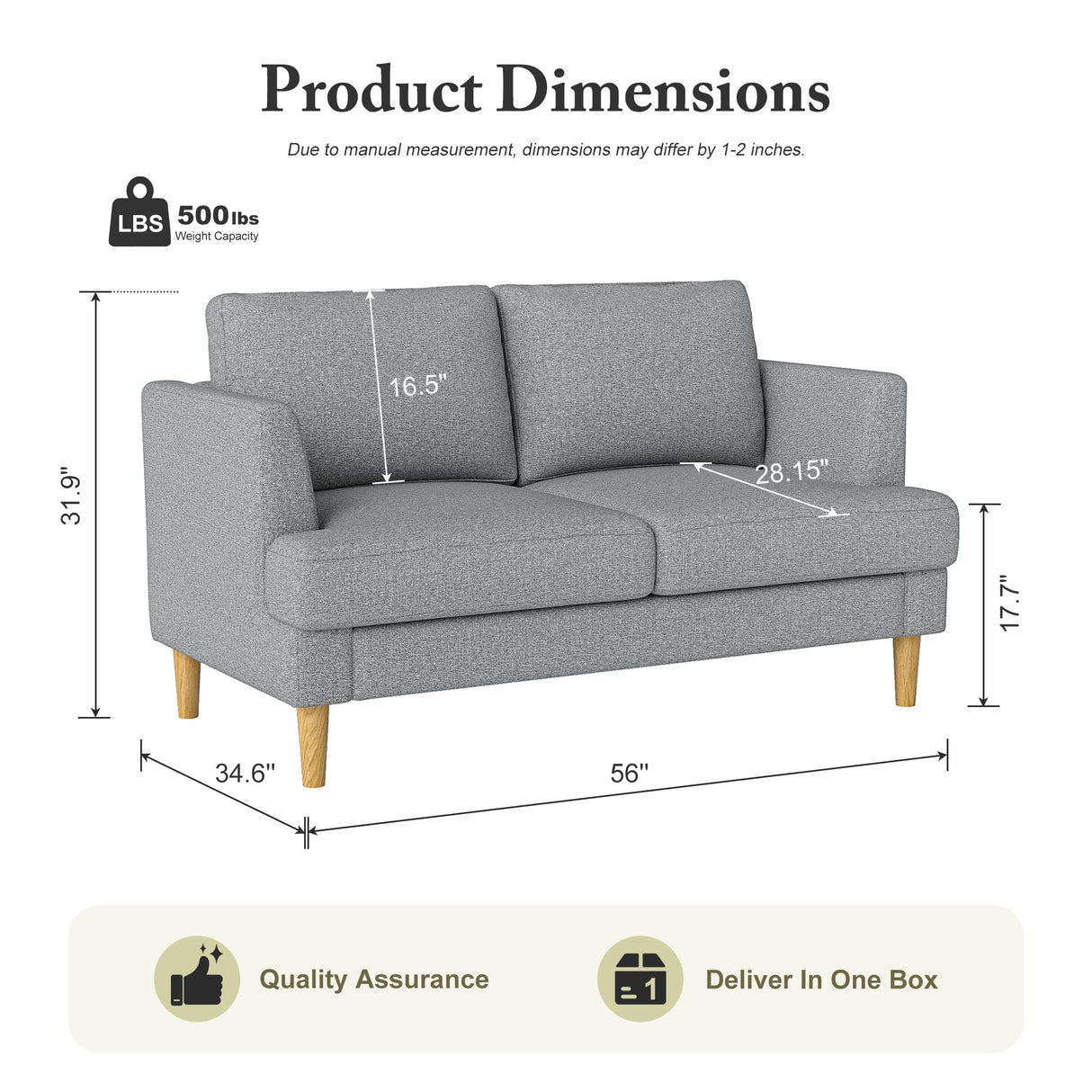 Busaurus Loveseat - Mid Century 56" Upholstered 2-Seater Couch for Living Room, Bedroom, Apartment - Grey Busaurus