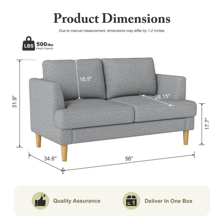 Busaurus Loveseat - Mid Century 56" Upholstered 2-Seater Couch for Living Room, Bedroom, Apartment - Grey Busaurus