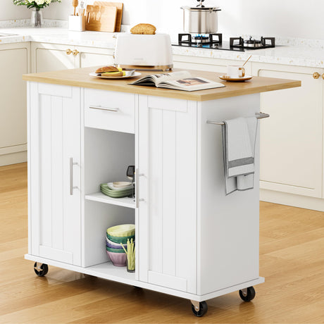 Shintenchi Kitchen Island with Storage, Bar Cart Cabinet Island Table on Wheels, Rolling Microwave Cart for Kitchen with Drop Leaf, Drawers, Towel Rack, Seating Area for Dining Room, White Shintenchi