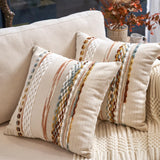 Aeckself Boho Throw Pillow Covers 18x18 Inch Set of 2, Farmhouse Decorative Striped Square Pillow Covers Chenille Tufted Pillow Cases Accent Neutral Pillowcase for Living Room Couch Bed, Orange White Aeckself