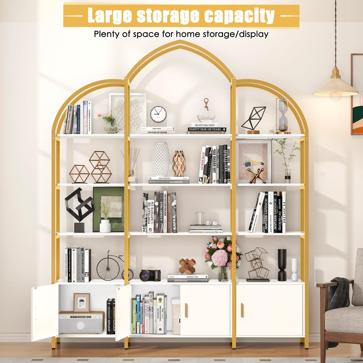 Nosepen 86" Gold Bookshelf, Triple Wide 5 Tier Arched Bookshelves & Bookcases with Storage, Large Modern Metal Book Shelf Stand for Bedroom/Living Room/Office Display Shelves, White & Gold Nosepen