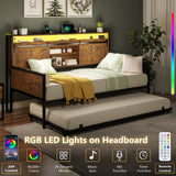 AMERLIFE Twin Daybed with Trundle, Farmhouse Daybed Frame with Sliding Barn Door Headboard and Charging Station & LED Light for Bedroom and Guest Room, Rustic Brown AMERLIFE