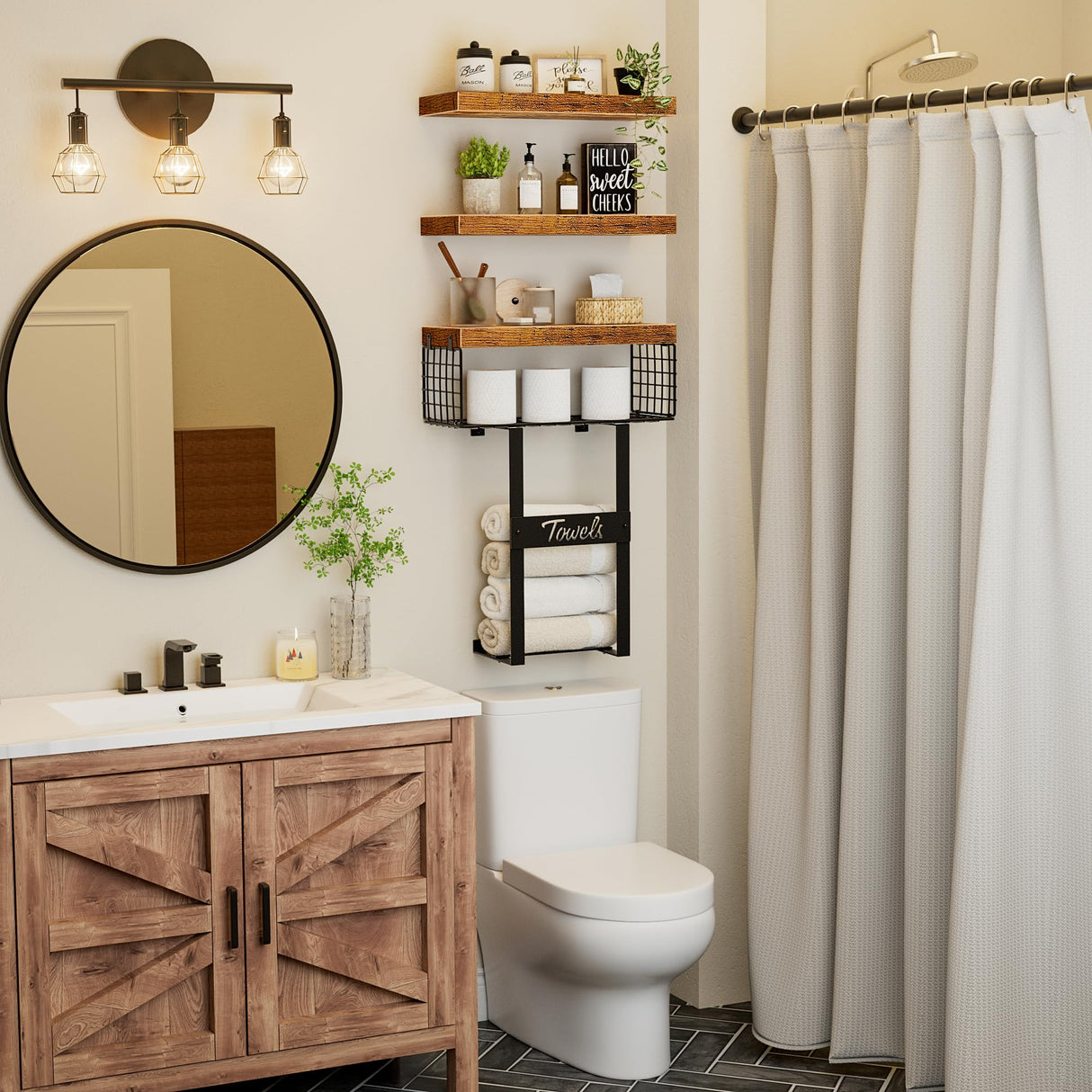 KLUVIS Bathroom Shelves Over Toilet - Floating Shelf for Wall Above Toilet Towels Holder Small Farmhouse Decor Shelves (15.7 inch, Set of 3, Rustic Brown) KLUVIS