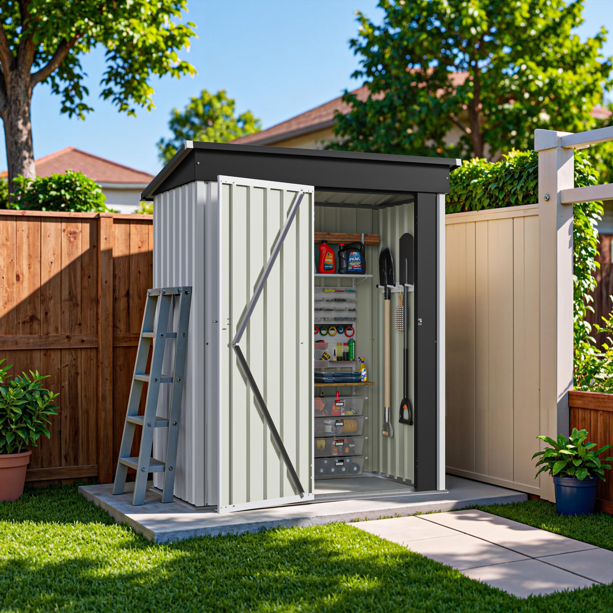 Greesum 5×3 FT Outdoor Storage Shed, Metal Storaged Sheds Without Floor, Tool Sheds with Lockable Doors and Sloping Roof for Garden, Patio, Backyard, White Greesum