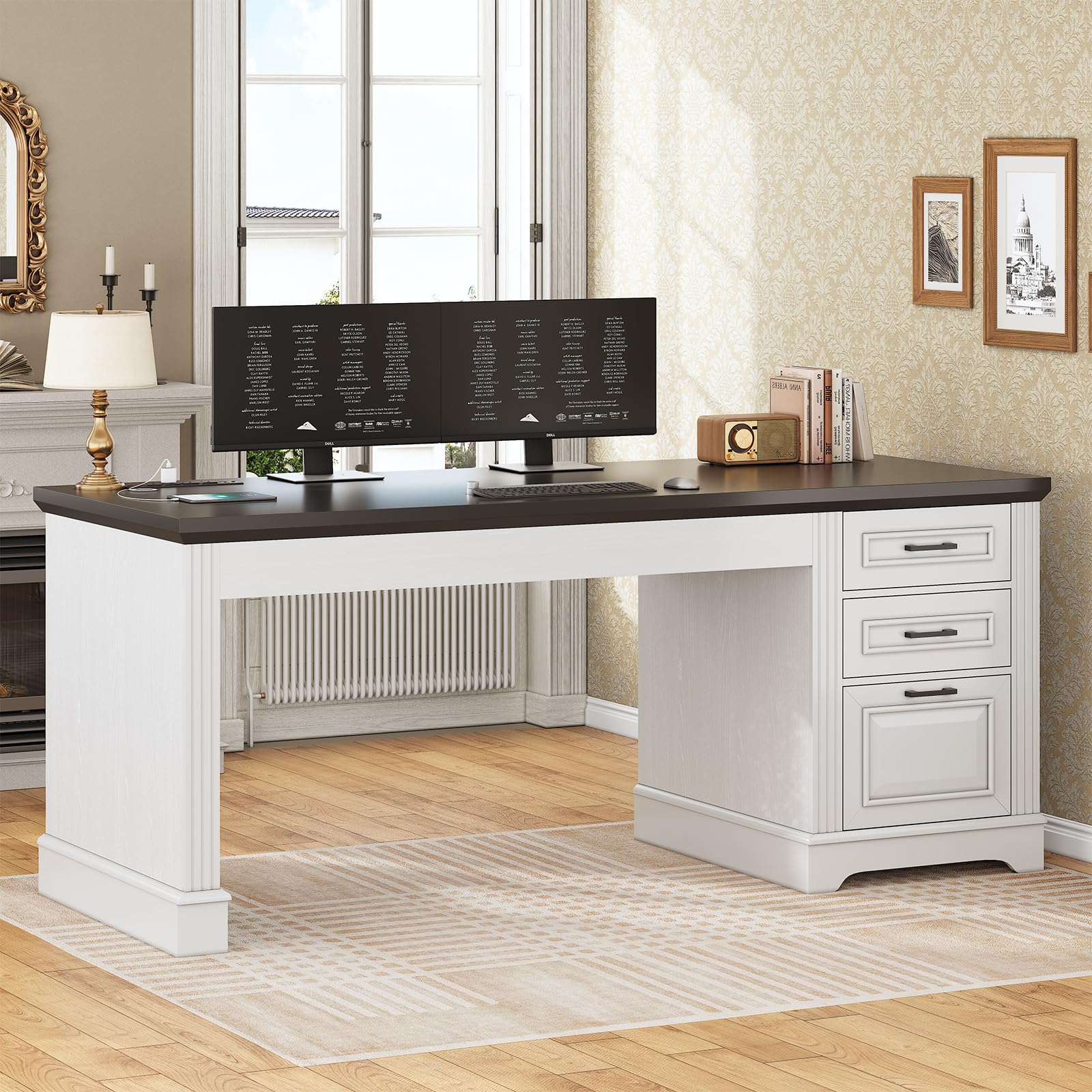 SEDETA Office Desk with 3 Drawers, 55" Executive Computer Desk with Storage Drawers, Farmhouse Desk with Power Outlet for Home Office, White - WoodArtSupply