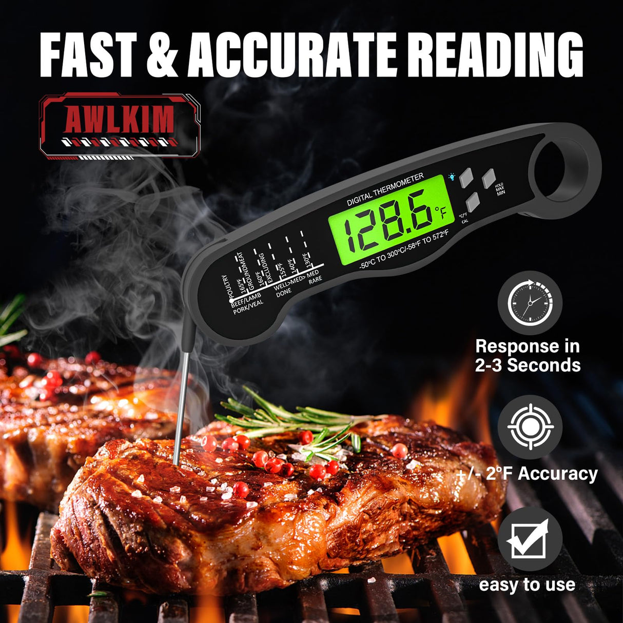 AWLKIM Digital Meat Thermometer - Fast Instant Read Food Thermometer, Waterproof Kitchen Thermometer with Backlight & Hold Function for Cooking, Candy Making, Outside Grill AWLKIM