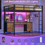 BTHFST Loft Bed with Desk, Full Metal Loft Bed with 8 Drawers Storage & Charging Station & LED Lights, 4 Open Storage Shelves, Noise-Free, Space-Saving, No Box Spring Needed BTHFST