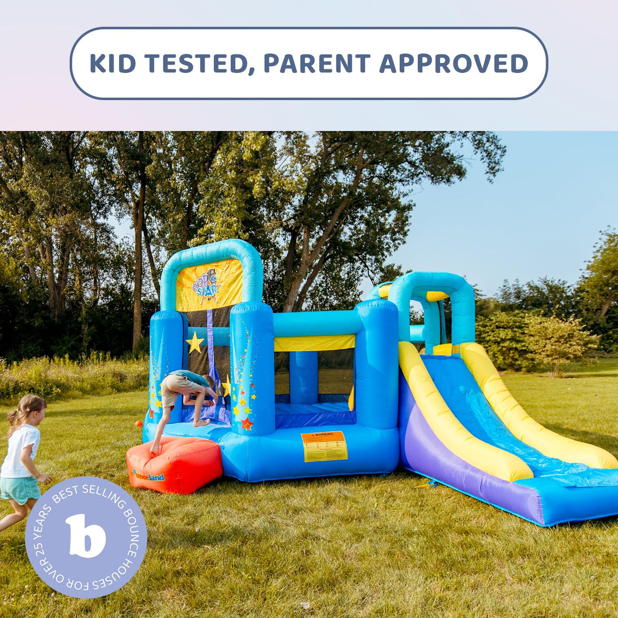 Bounceland Pop Star Inflatable Bounce House Bouncer, Large Bouncing Area with Long Slide, Climbing Wall, Basketball Hoop, UL 1HP Blower Included, 15 ft x 13 ft x 8.3 ft H, Pop Star Kids Party Theme Bounceland